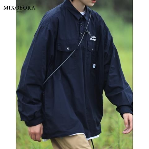 MIX GEORA Japanese retro simple letter embroidery long-sleeved shirt men's and women's lapel versatile loose shirt ins