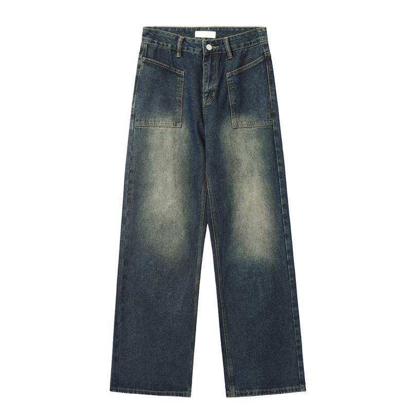 American retro dark blue yellow mud color washed distressed straight jeans for men and women trendy loose design American pants
