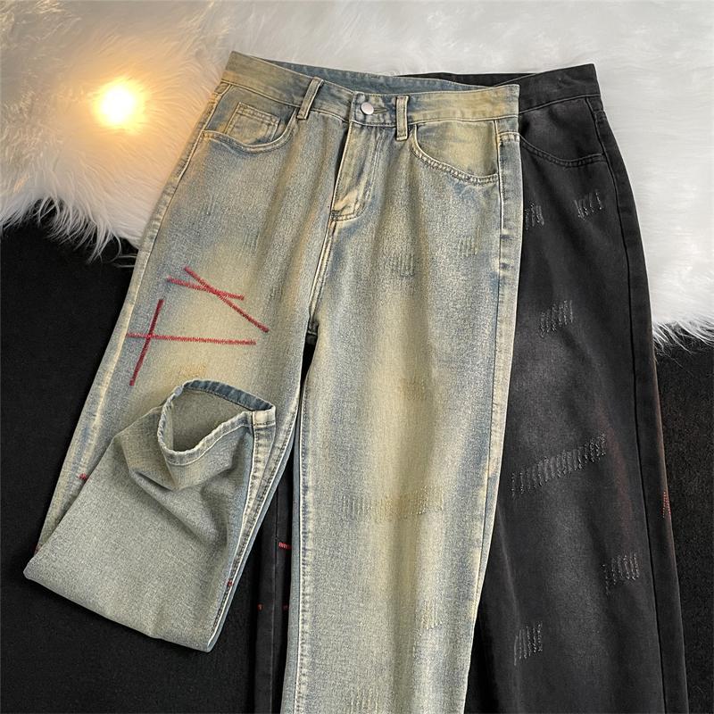 European and American vibe jeans for men in spring and autumn trendy brand high street retro casual straight pants design wide-leg long pants