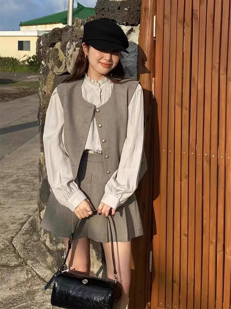 法式小香風套裝女早秋茶系穿搭一整套高級感馬甲百褶裙顯瘦兩件套