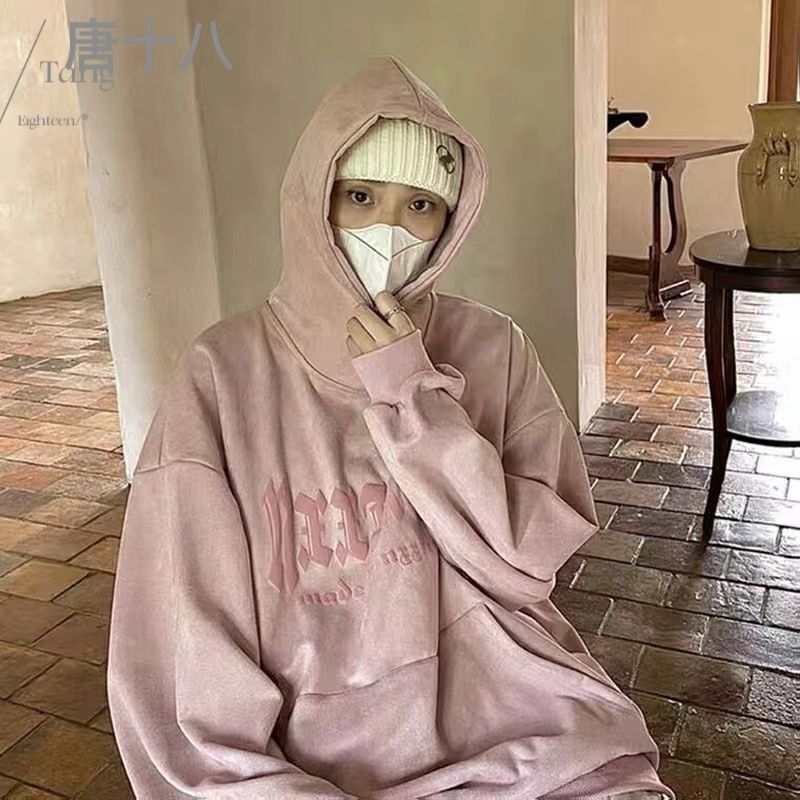 粉色麂皮350g重磅衛衣oversize高街男連帽美式vintage古着ins潮牌