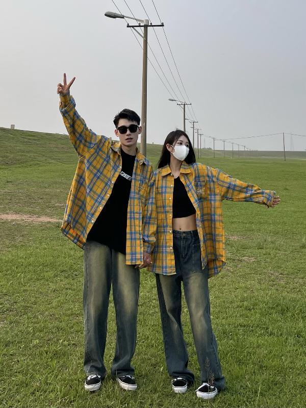YYMDG四季款美式復古直筒百搭墨綠色拖地水洗口袋牛仔褲情侶款休