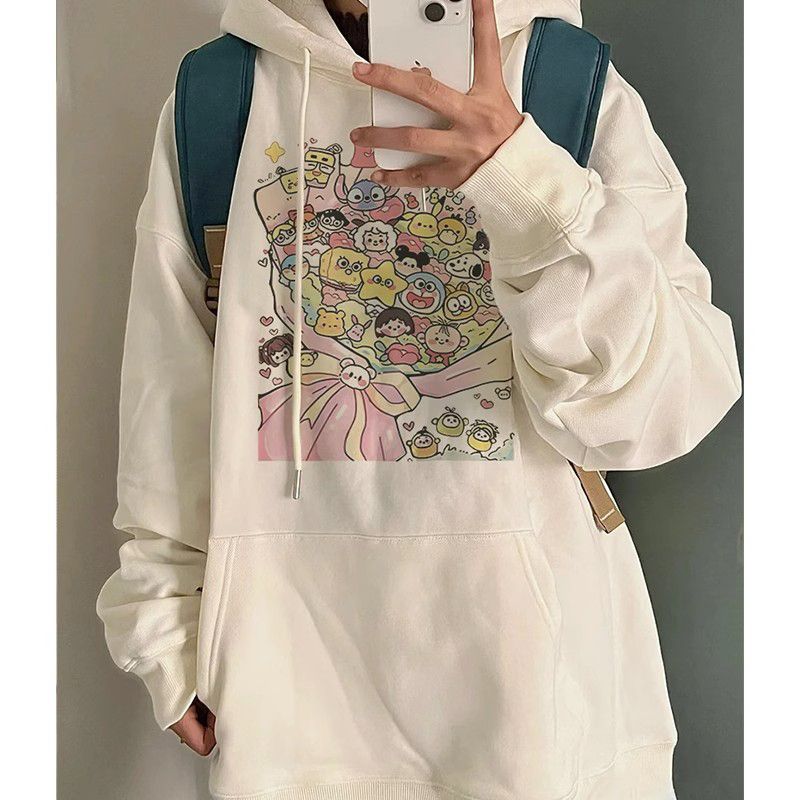 100%重磅純棉美式卡通印花連帽衛衣女2023春秋薄款寬鬆百搭外套潮