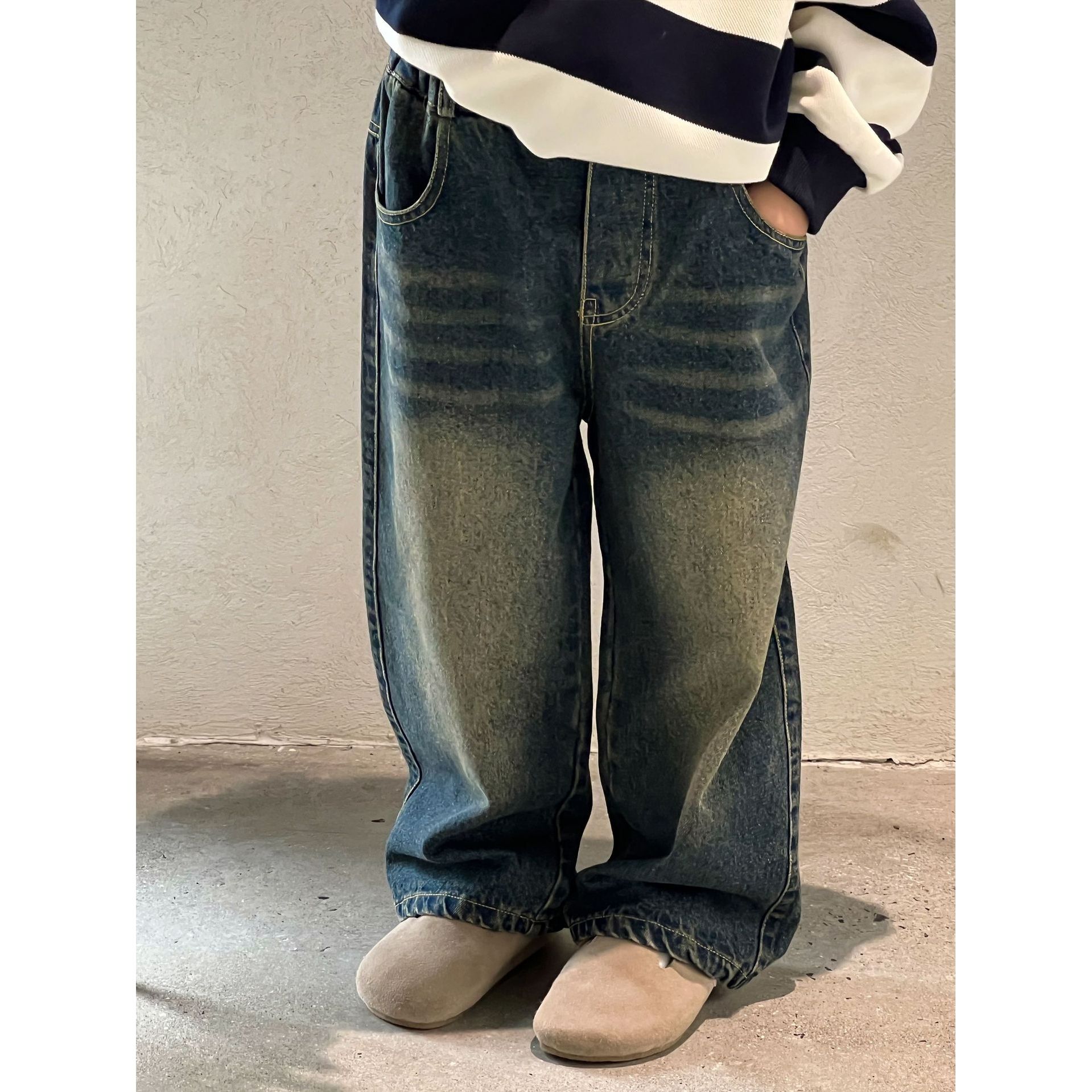  Autumn Boys American Retro Distressed Denim Trousers Baby Children European and American Trend Cool Straight Casual Pants