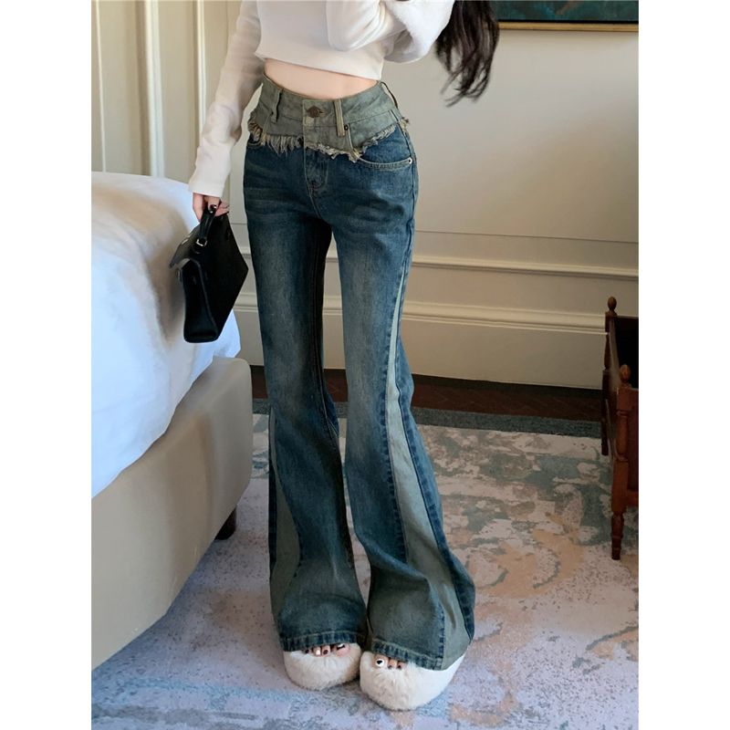 復古設計感毛邊牛仔褲女秋季ins新款高腰顯瘦百搭別致喇叭褲子潮