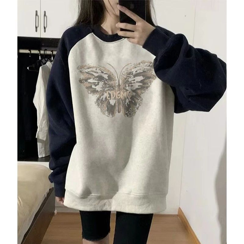 100%重磅純棉圓領衛衣女ins風潮牌長袖百搭2023春秋薄款寬鬆上衣