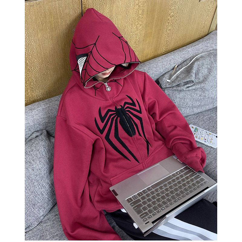100% heavyweight cotton American trendy brand Spider-Man embroidered sweatshirt for women 2023 spring and autumn thin large size jacket top