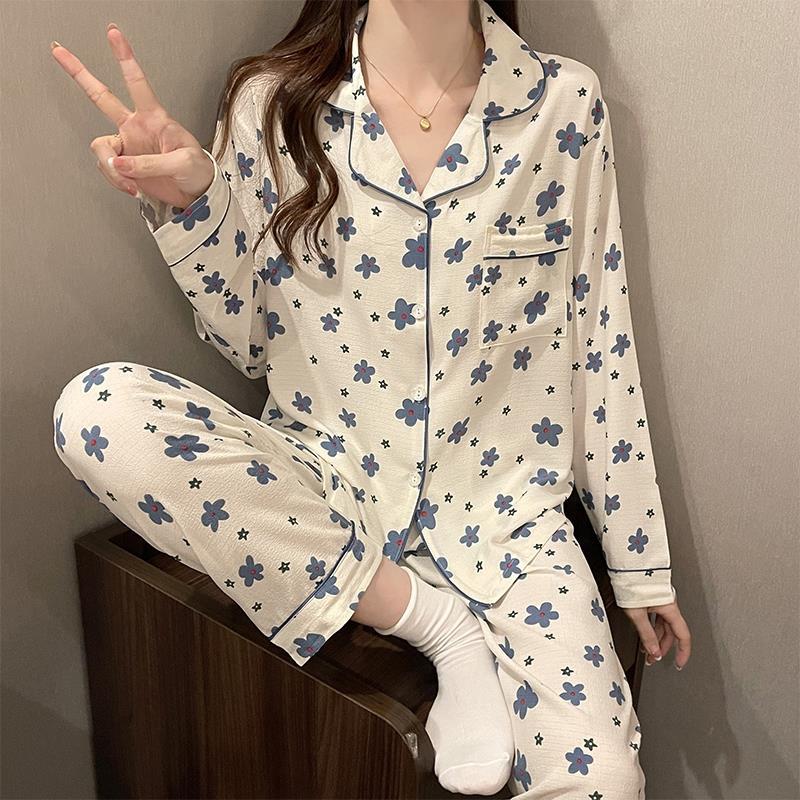 睡衣女春秋冬季長袖開衫甜美套裝夏天女士2023新款寬鬆翻領家居服
