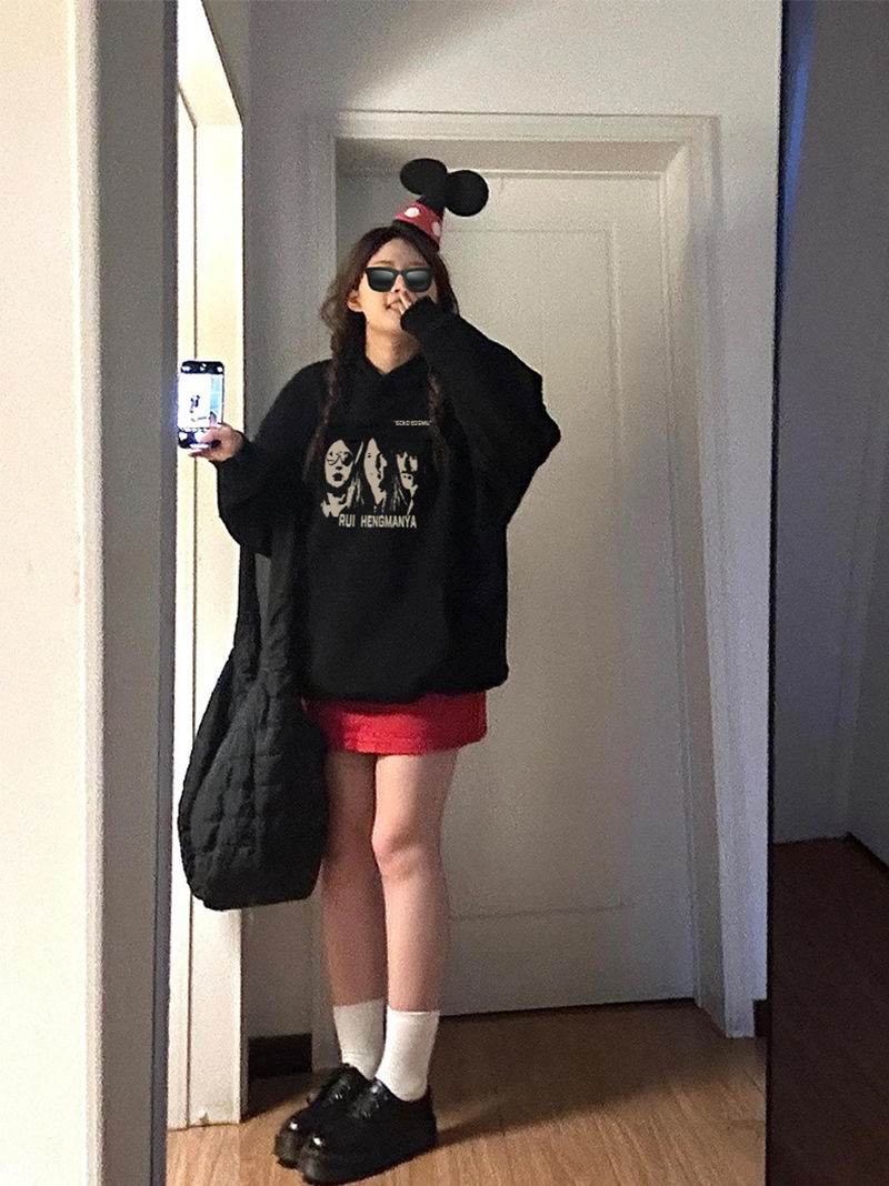 100%重磅純棉美式復古黑色連帽衛衣女2023春秋薄款設計感寬鬆上衣
