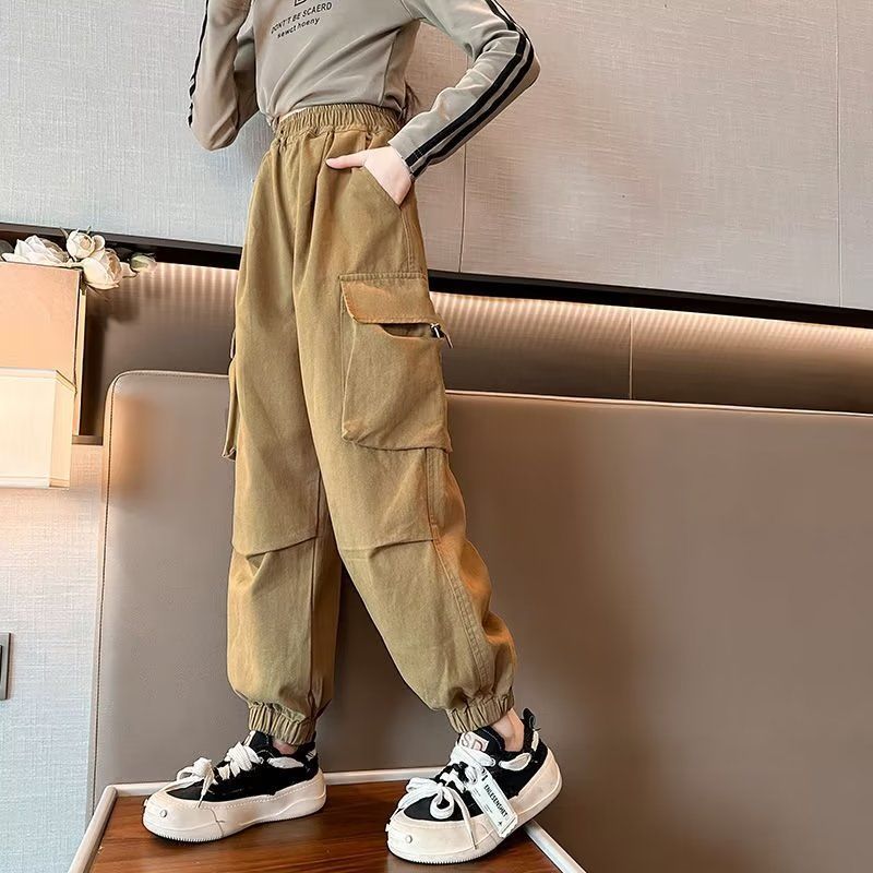 女童工裝褲純色春秋2023新款兒童休閒褲秋季褲子女寶寶秋裝長褲