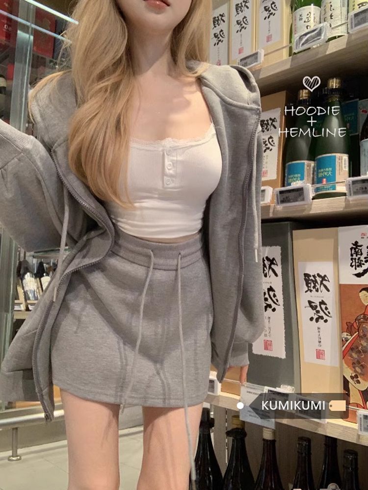 2023秋季慵懶風套裝女寬鬆連帽衛衣外套初秋高腰包臀半身裙兩件套