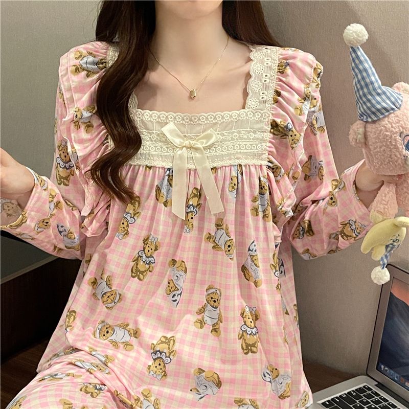 可愛秋季小熊睡衣女秋冬長袖長褲睡衣女冬天韓版寬鬆家居服套裝女