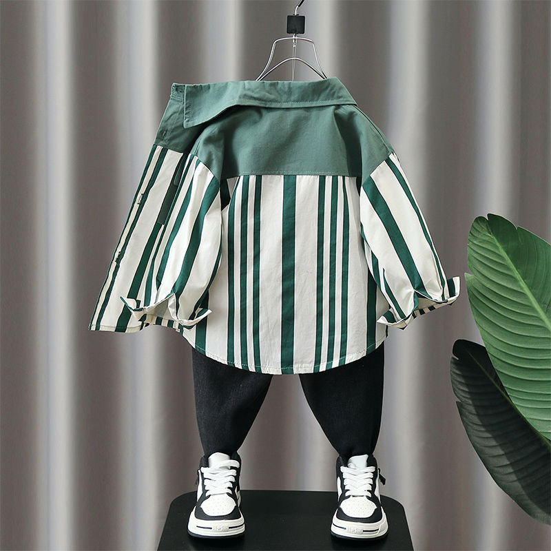 Boys' Autumn Shirts 2023 Spring and Autumn New Style Handsome Boys Striped Shirts Jackets Fashionable Casual Tops