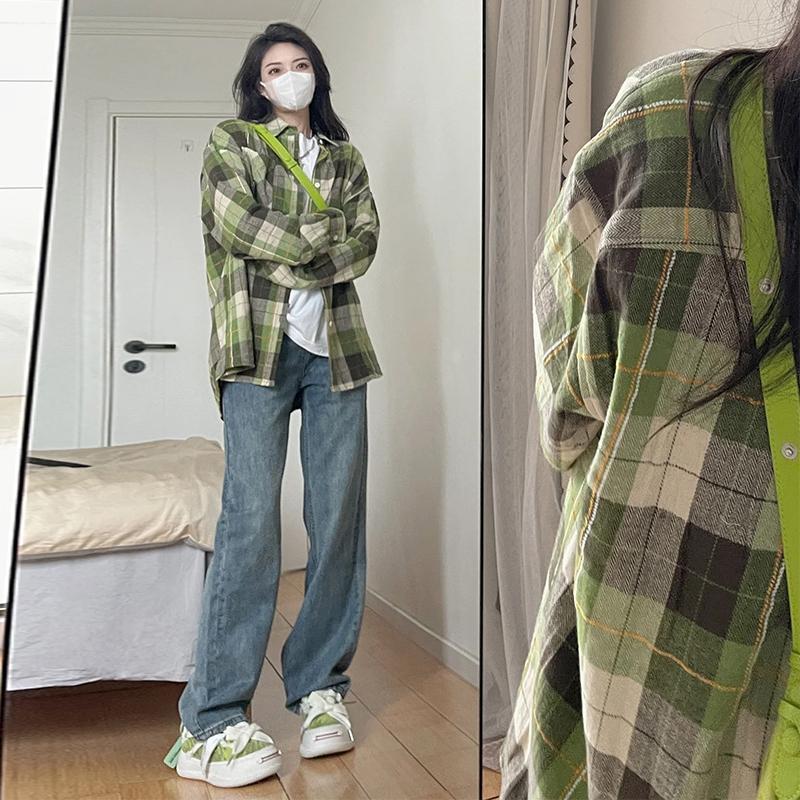 復古風時尚格子襯衫女外套秋季女裝2023年新款寬鬆長袖外穿襯衣女