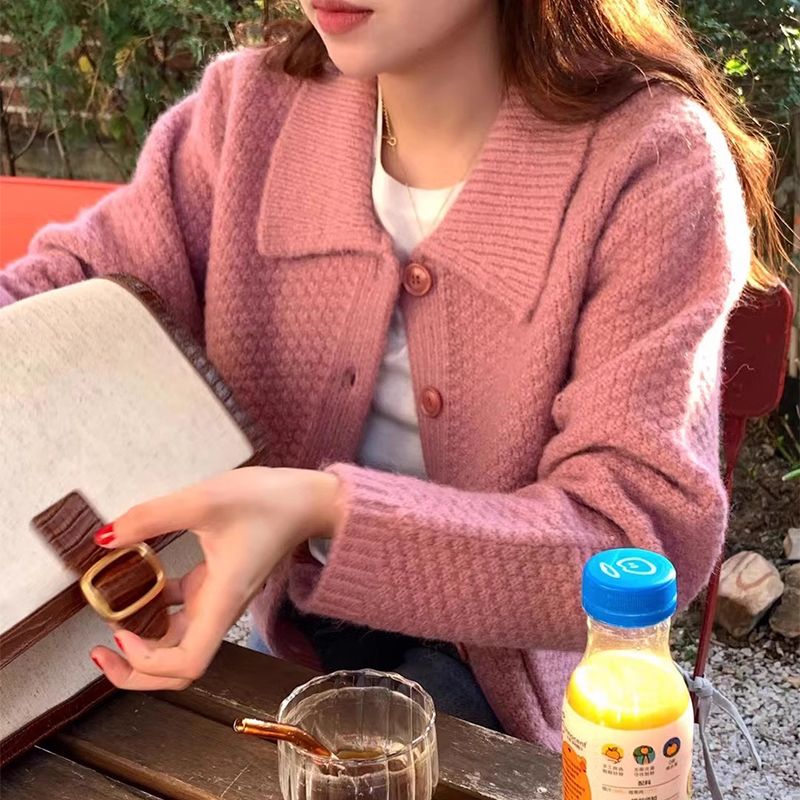 韓國chic秋冬甜美慵懶風娃娃領系扣雙口袋加厚寬鬆百搭毛衣外套女