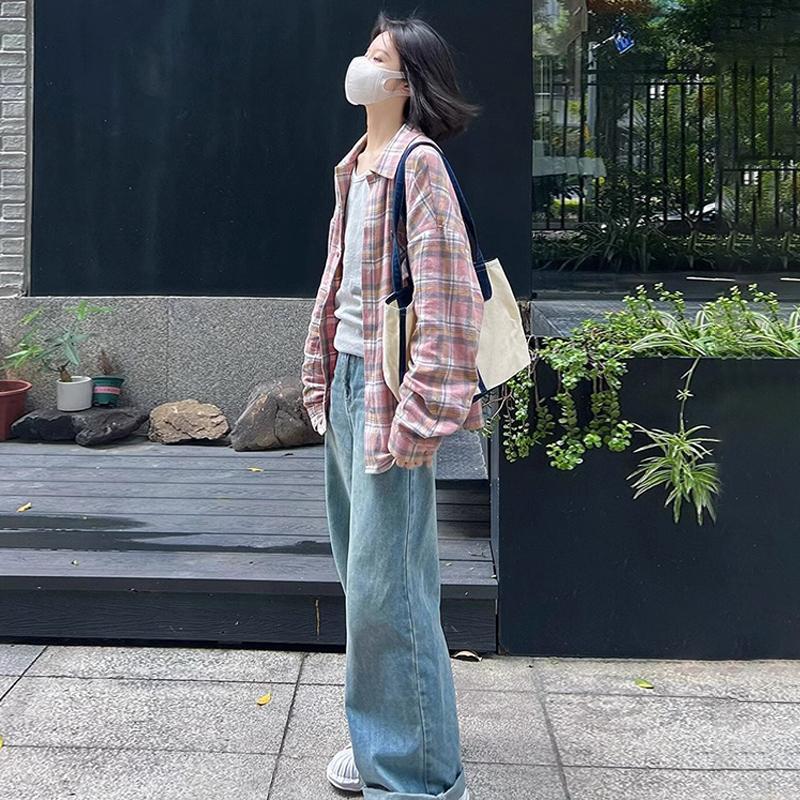 美式復古粉色格子襯衫外套女款夏季設計感小眾小個子寬鬆襯衣上衣