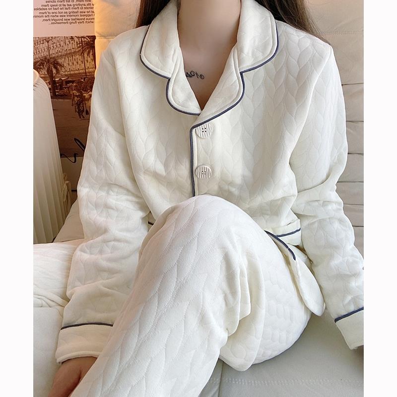 秋冬睡衣女春秋款長袖夾層空氣棉2023新款韓系提花開衫套裝家居服