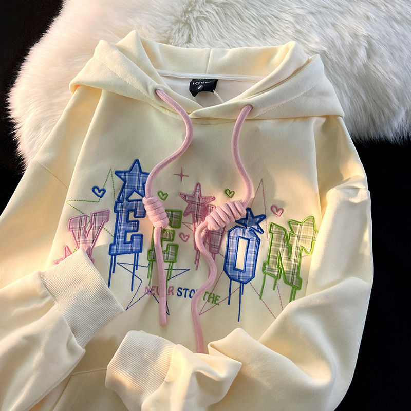 100%重磅純棉美式慵懶chic刺繡星星連帽衛衣女甜酷風2023春秋薄款