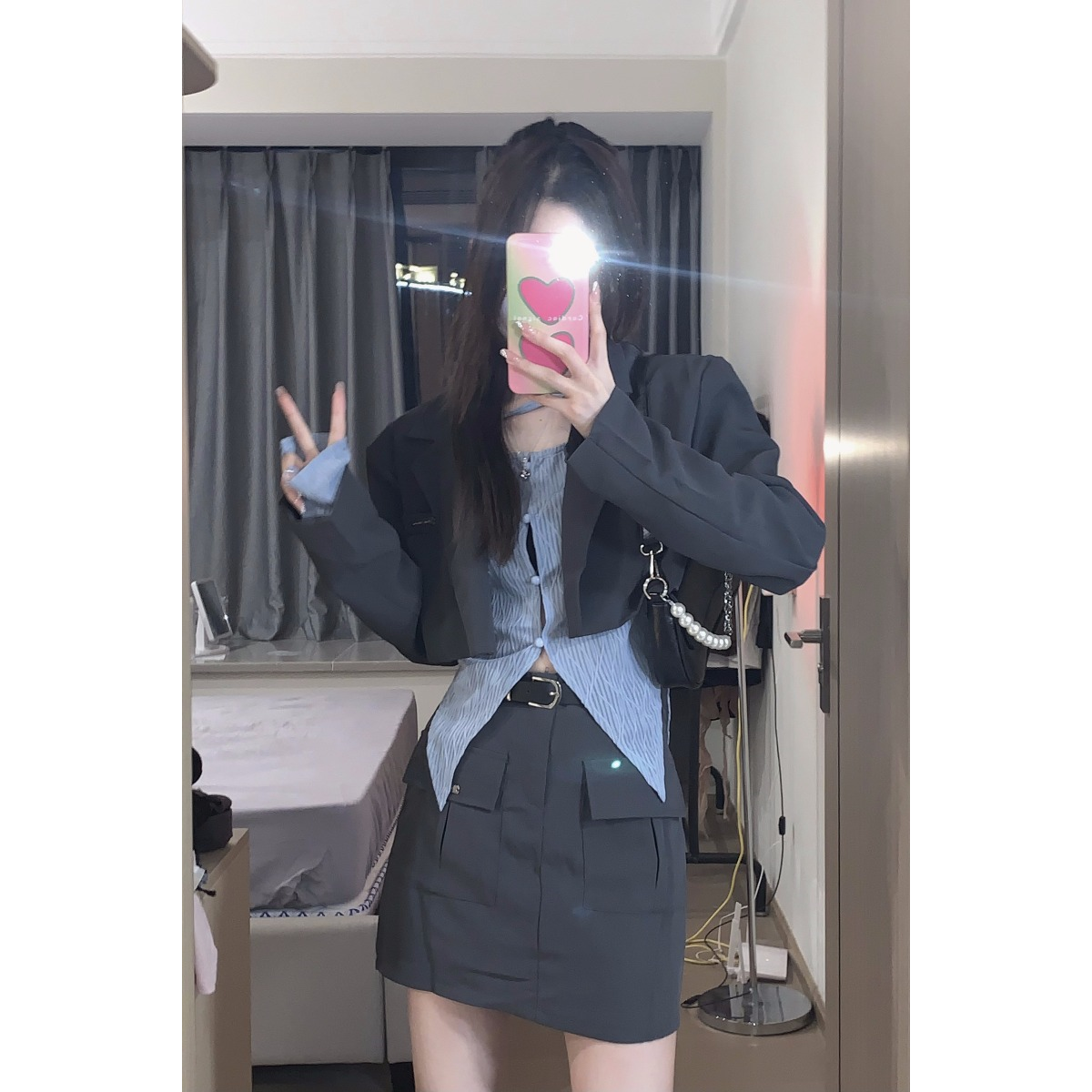 甜酷小香風氣質套裝女秋季復古西裝外套襯衫上衣包臀半身裙三件套