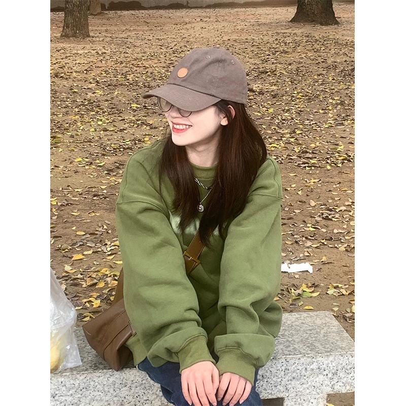 American retro round neck oversize green sweatshirt jacket for women early autumn 2023 new loose long-sleeved top