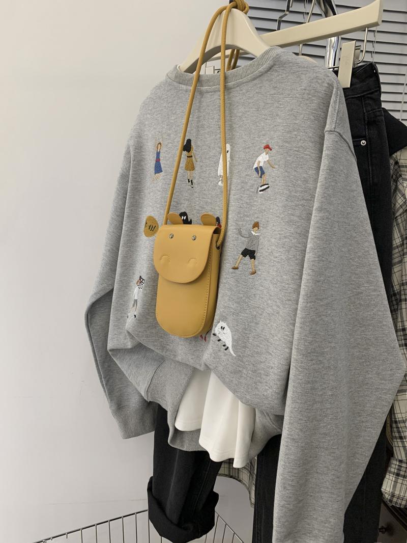 2023 Autumn Women's Gray Retro Cartoon Round Neck Long Sleeve Sweatshirt Women's Outerwear Korean Style Embroidery Ins Cute