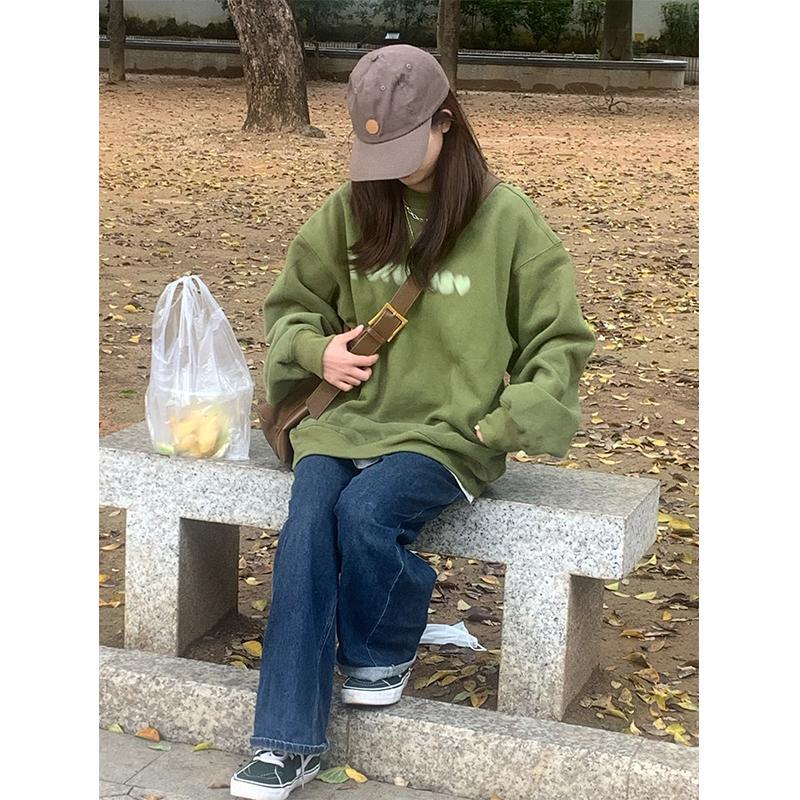 American retro round neck oversize green sweatshirt jacket for women early autumn 2023 new loose long-sleeved top