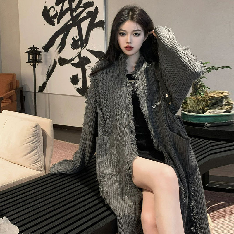 慵懶風寬鬆美式灰色毛衣女秋冬季外穿日系慵懶復古針織外套中長款