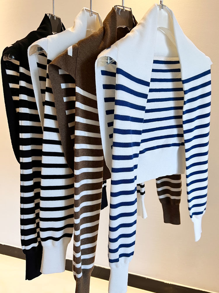 Korea Dongdaemun striped knitted black and white striped shawl women's top with shoulder small scarf fake collar shawl outer wear