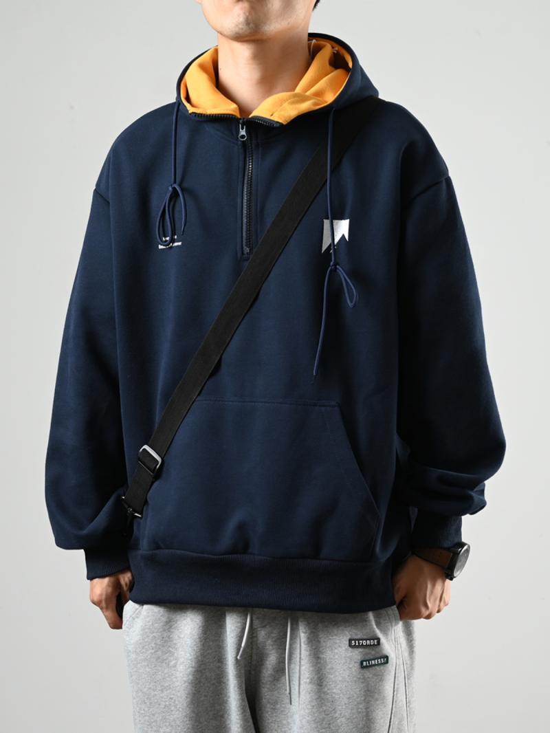 XGI Japanese retro contrasting color hooded sweatshirt men's half-zip embroidered hoodie trendy casual spring and autumn couple coat