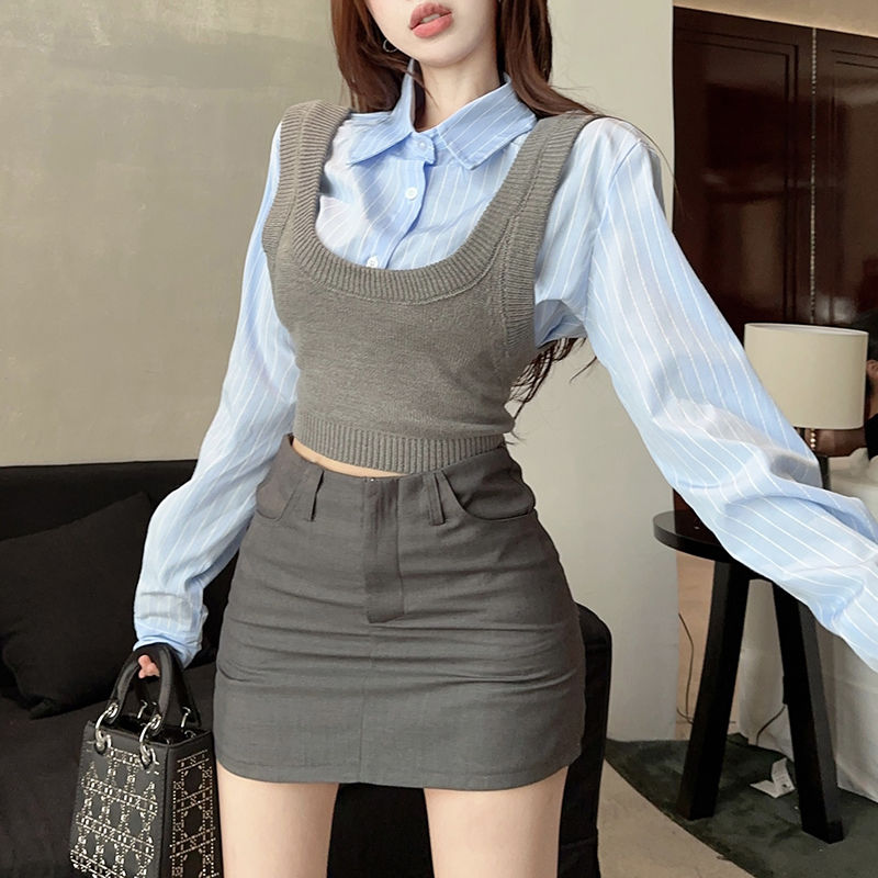 Little hot girl suit knitted vest women's summer blue striped short shirt layered two-piece set