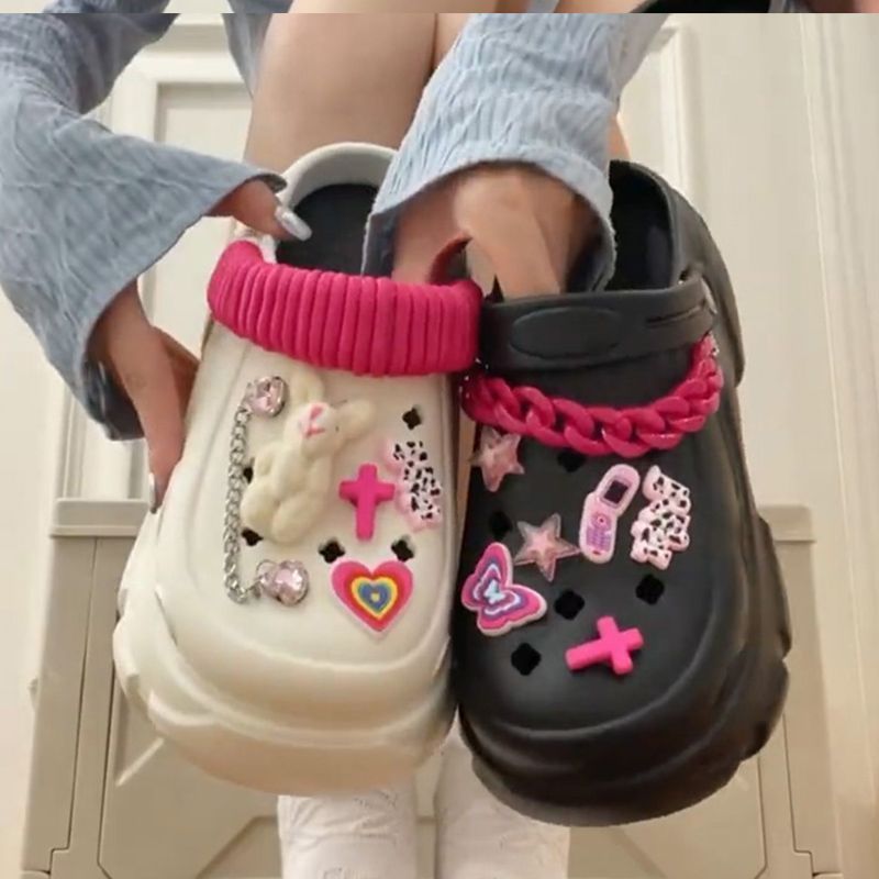 洞洞鞋女夏厚底增高外穿包頭拖鞋珍珠水鑽休閒沙灘鞋松糕防滑涼拖