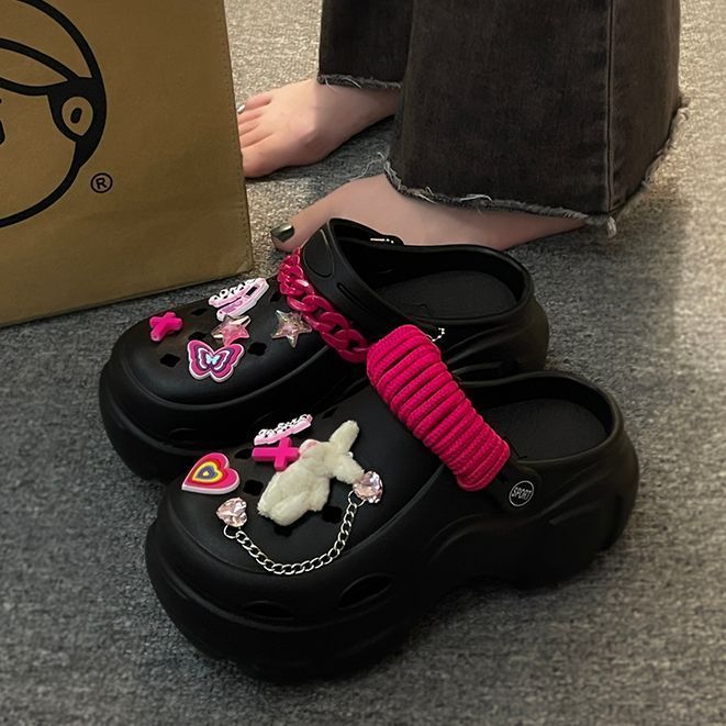 洞洞鞋女夏厚底增高外穿包頭拖鞋珍珠水鑽休閒沙灘鞋松糕防滑涼拖