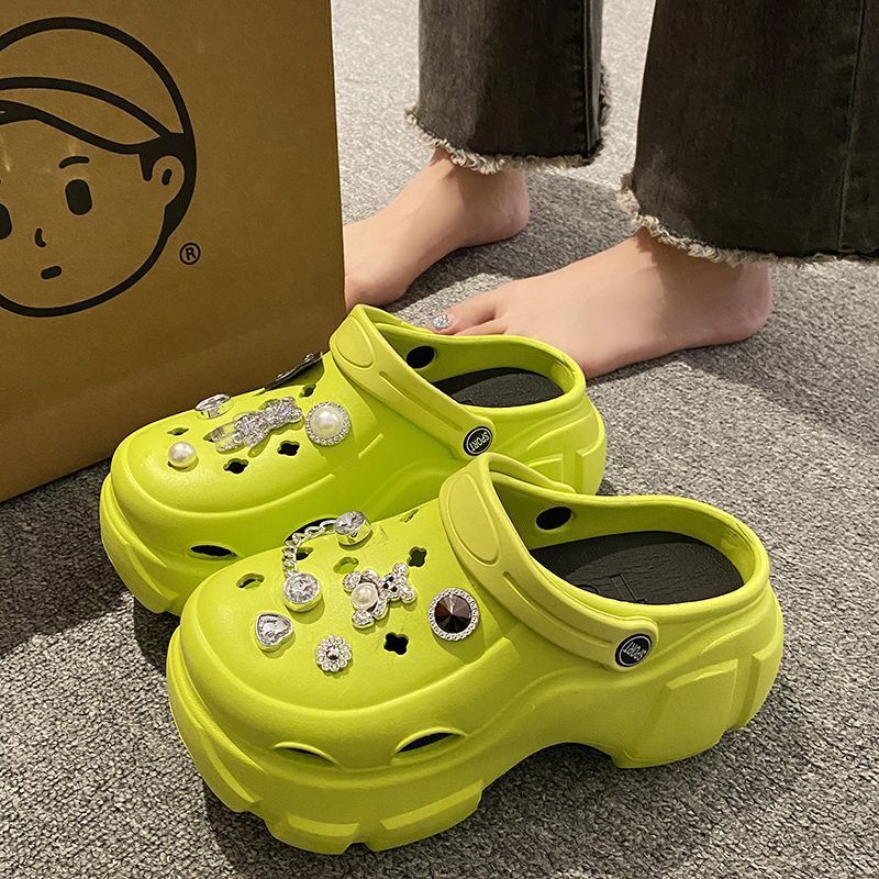 洞洞鞋女夏厚底增高外穿包頭拖鞋珍珠水鑽休閒沙灘鞋松糕防滑涼拖