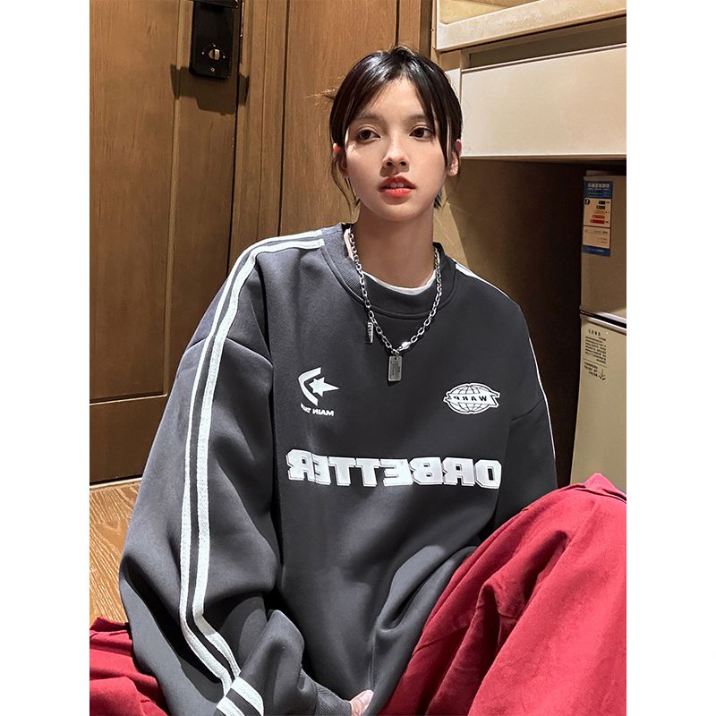 100%重磅純棉美式潮牌機車衛衣男女2023春秋薄款寬鬆圓領休閒上衣