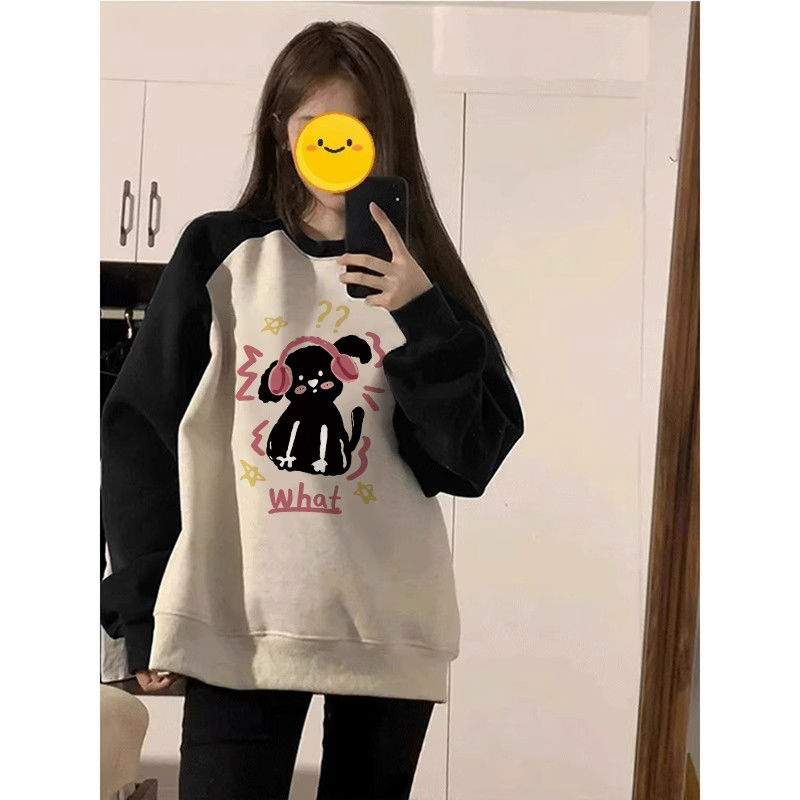 100%重磅純棉插肩袖圓領衛衣女2023春秋薄款寬鬆小眾設計感上衣潮