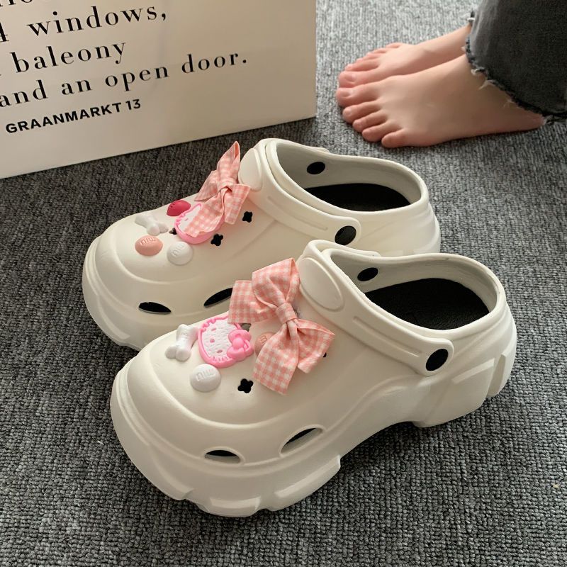 可愛卡通厚底洞洞鞋女2023春夏新款時尚百搭小個子增高包頭涼拖鞋