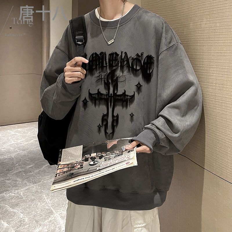 oversize麂皮絨衛衣男春秋潮牌寬鬆圓領無帽上衣長袖外套美式重磅