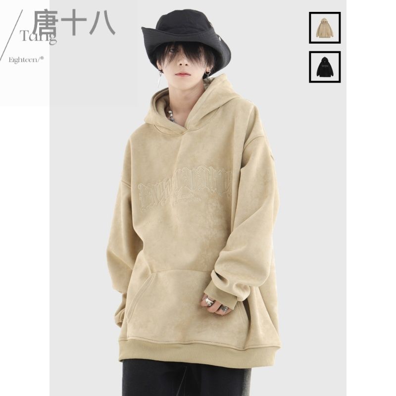 麂皮絨重磅字母印花情侶連帽衛衣男女美式復古潮牌休閒春秋季外套