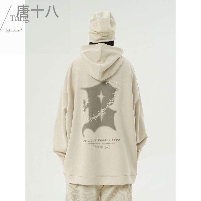 唐十八麂皮絨春秋國潮OVERSIZE連帽衛衣潮牌男慵懶風美式重磅上衣