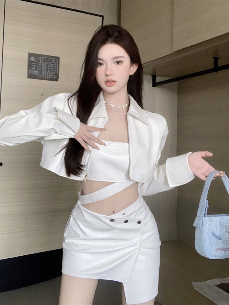 輕熟風御姐氣質性感長袖皮上衣半身裙子早秋新款時尚三件套裝女裝