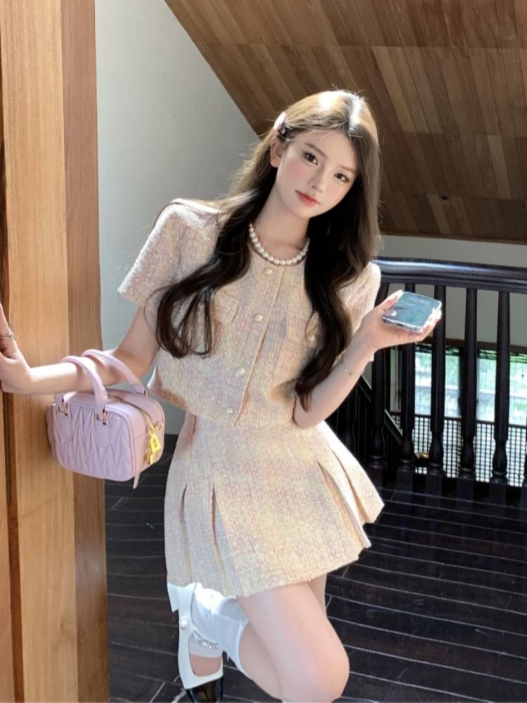 小香風法式套裝高級感名媛短款短袖外套女裝夏季短裙半身裙兩件套