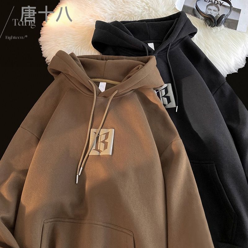麂皮絨美式hiphop潮牌棕色套頭衛衣男女連帽帶秋冬季oversize上衣