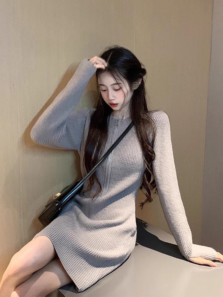 秋季韓版新款時尚修身拉鏈顯瘦包臀針織裙黑色長袖毛衣裙女潮