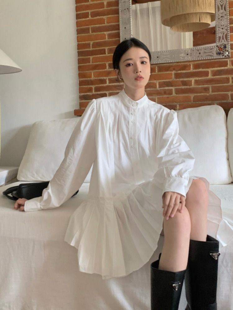 Desire Sweetheart ~ Irregular design retro long-sleeved shirt dress Korean style A-line stitching pleated skirt for women