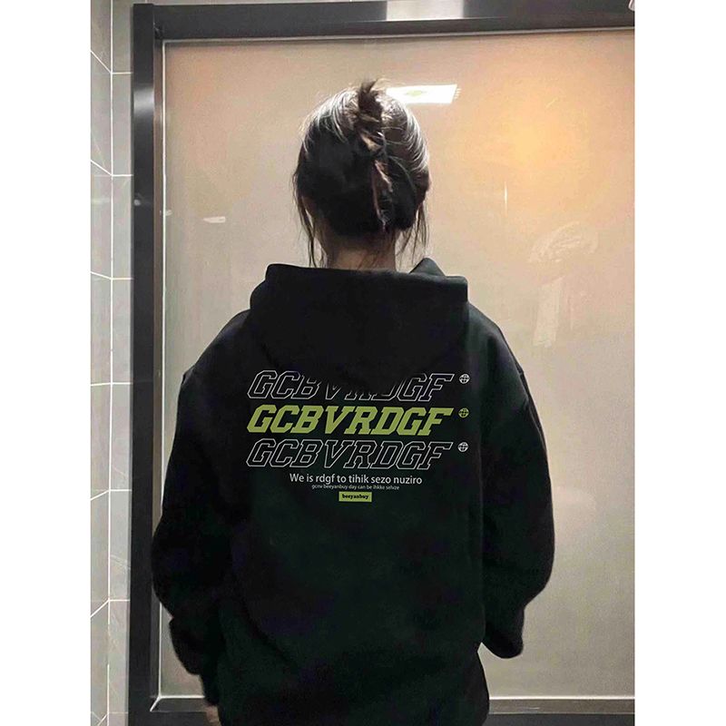 100%重磅純棉國潮原創印花連帽衛衣女2023春秋薄款長袖情侶外套潮