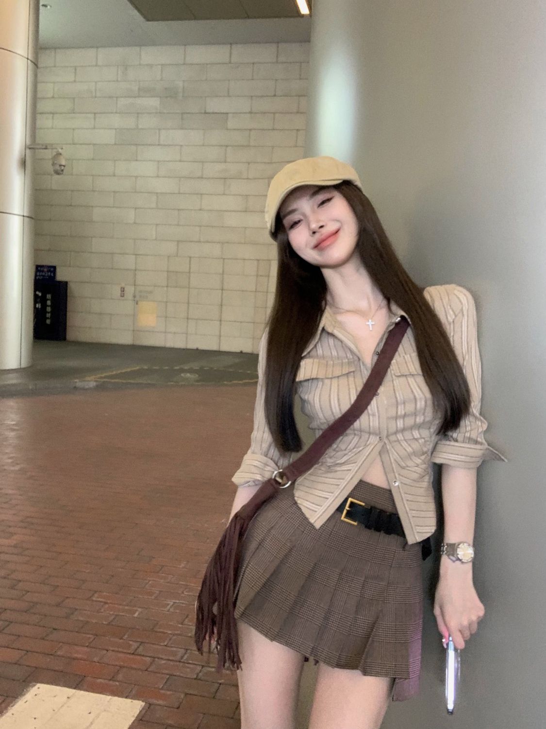 美式辣妹條紋長袖翻領襯衫女秋季修身收腰短款襯衣設計感小眾上衣