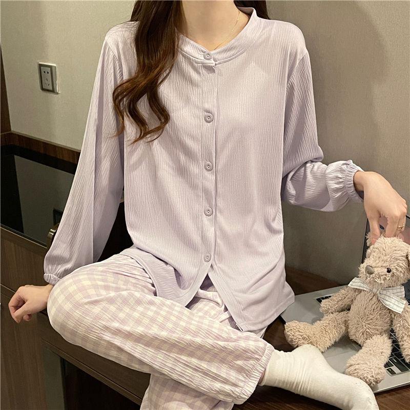 日系格子韓版睡衣女士春秋夏季寬鬆薄款長袖長褲開衫家居服套裝女