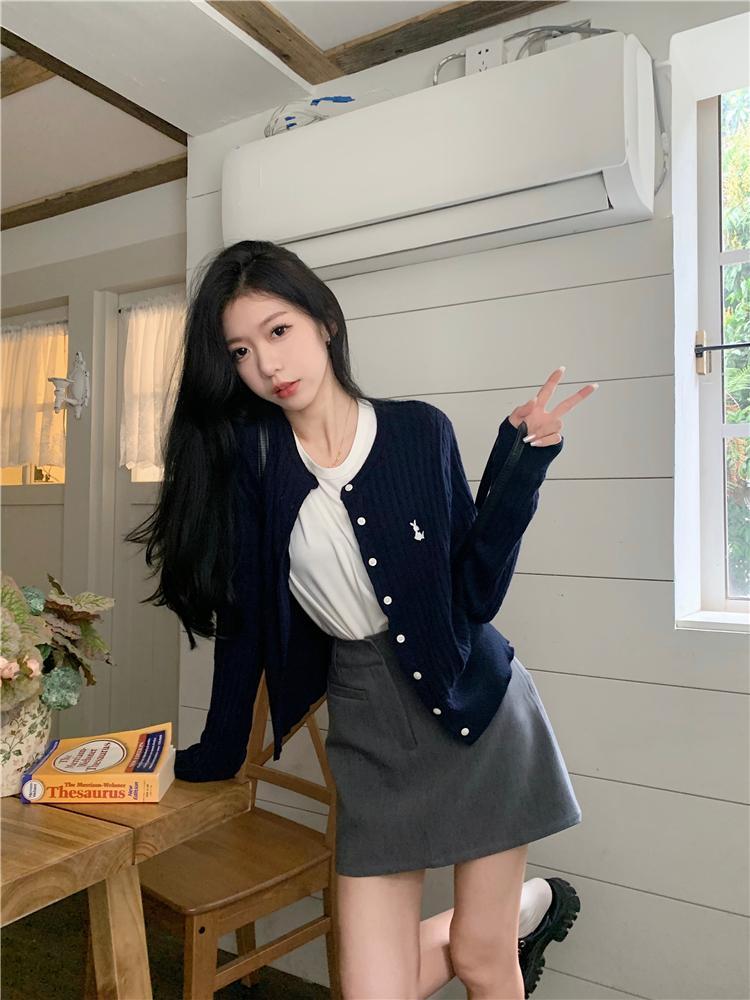 套裝女2023秋季新款學院風刺繡針織開衫內搭白T恤上衣高腰半身裙