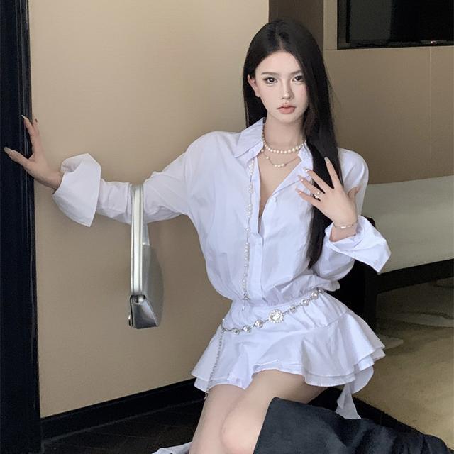 法式氣質長袖襯衫連衣裙女裝秋季白色飄帶裙子收腰荷葉邊a字短裙