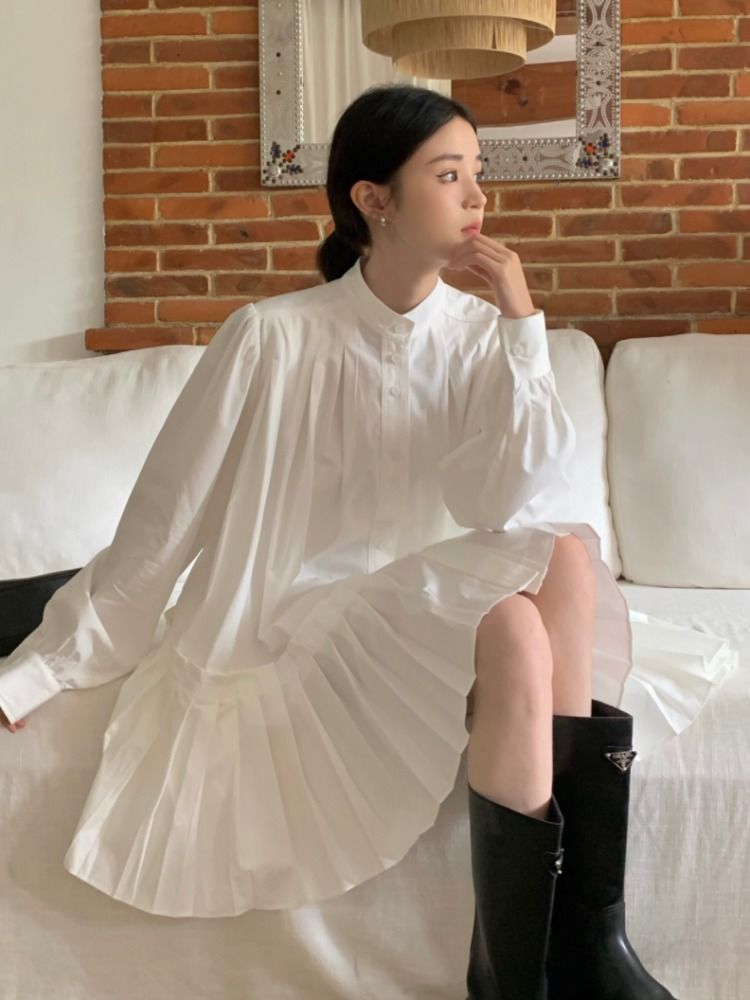 Desire Sweetheart ~ Irregular design retro long-sleeved shirt dress Korean style A-line stitching pleated skirt for women